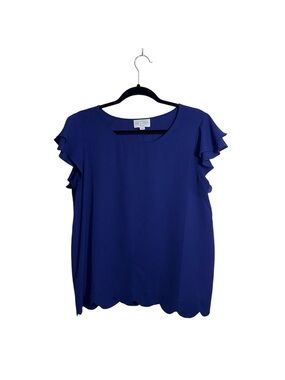 June & Ivy Flutter Sleeve Blouse Solid Cobalt Blue Scallop Hem Large Women’s